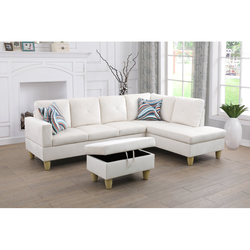 Ensemble de canapé de salon en flanelle en L blanc avec repose-pieds , Microfibre blanc crème