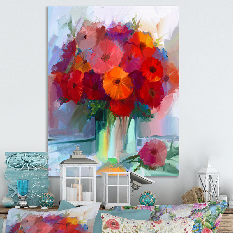 Fleurs abstraites de gerbera rouge II - peinture, H 20 po x l 12 po x P 1 po, Toile tendue