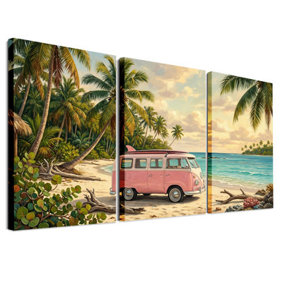Pink Volkswagen Bus on Tropical Beach Set Of 3 Canvas Wall Art