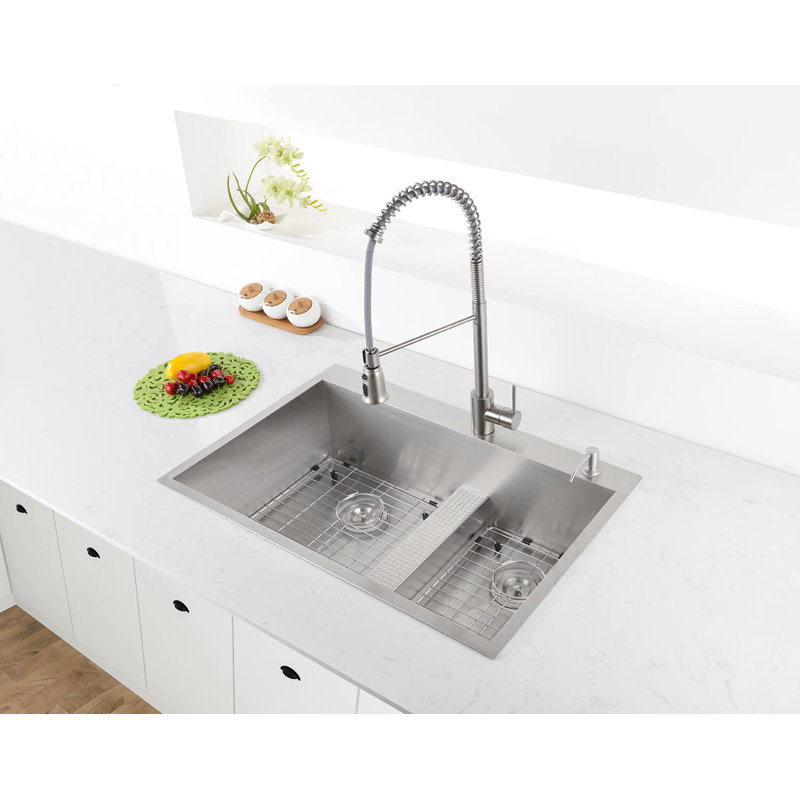 Ruvati 33-inch Drop-in Low Platform-Divide Zero Radius 60/40 Double Bowl  Topmount Kitchen Sink