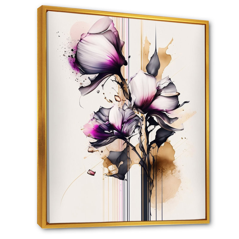 Fleur d'orchidée rose sur fond abstrait I - impression sur toile, H 32 po x l 16 po x P 1 po, Cadre flottant doré