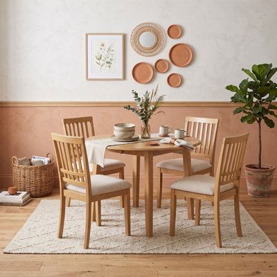 Ensemble de salle à manger rond extensible 5 pièces avec table à abattants et quatre chaises rembourrées à dossier à lattes