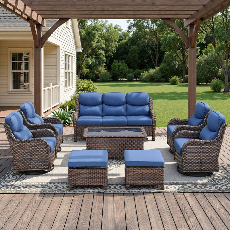 Ensemble de conversation d'extérieur en osier 8 pièces avec chaises pivotantes et table basse 8 pièces, Bleu, Brun