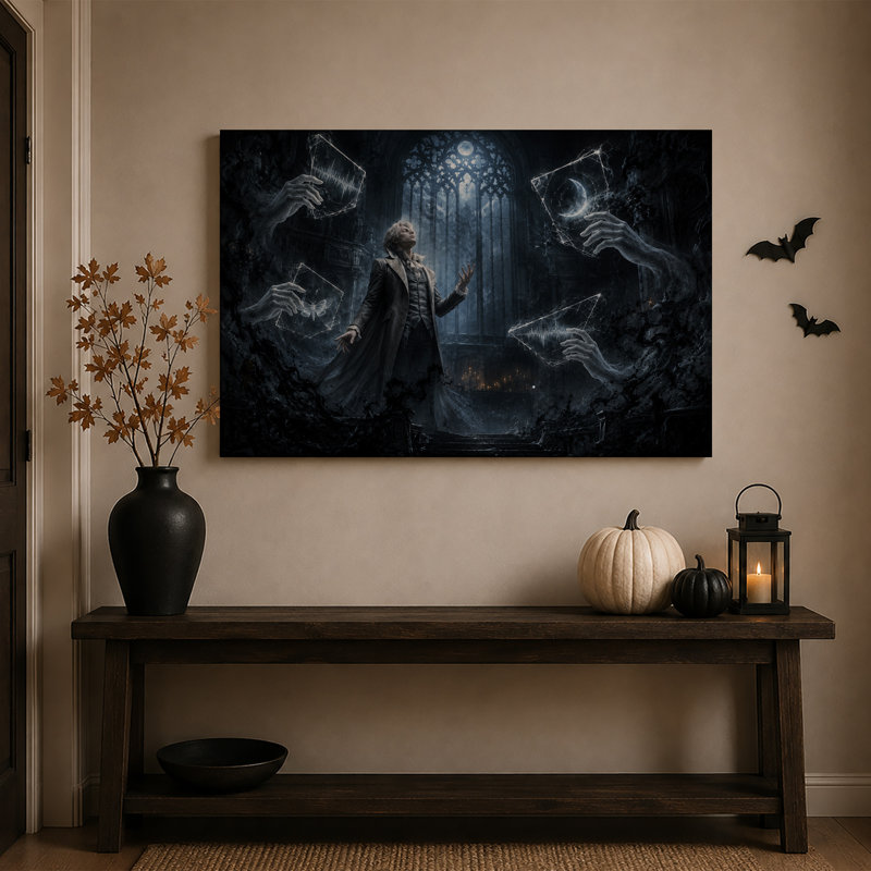 Tableau mural sur toile représentant un homme en manteau illuminé de bleu avec des mains fantomatiques, idéal pour l'Halloween