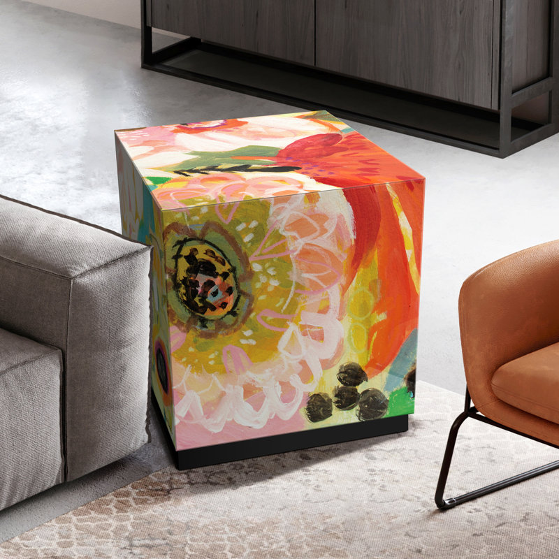 Floral Art Glass Lamp Table with Black Base