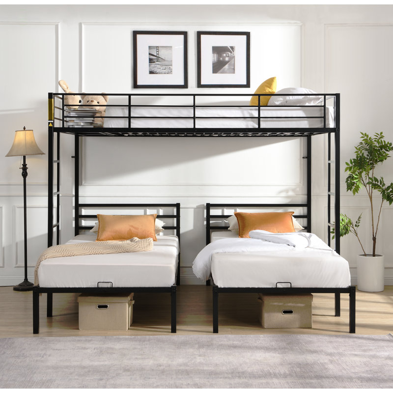 Lit double superposé au-dessus d'un lit simple au-dessus d'un lit simple, lit superposé triple avec échelle verticale, lit superposé à structure en métal avec barrière de sécurité, lit superposé double au-dessus d'un lit simple au dessus d'un lit simple