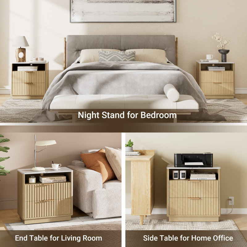 Seyla 23''W Nightstand Set of 2 with 2-Drawer Open Cubby, Built-In Charge Outlets, Oak Wood Grain/White Stone, Set of 2