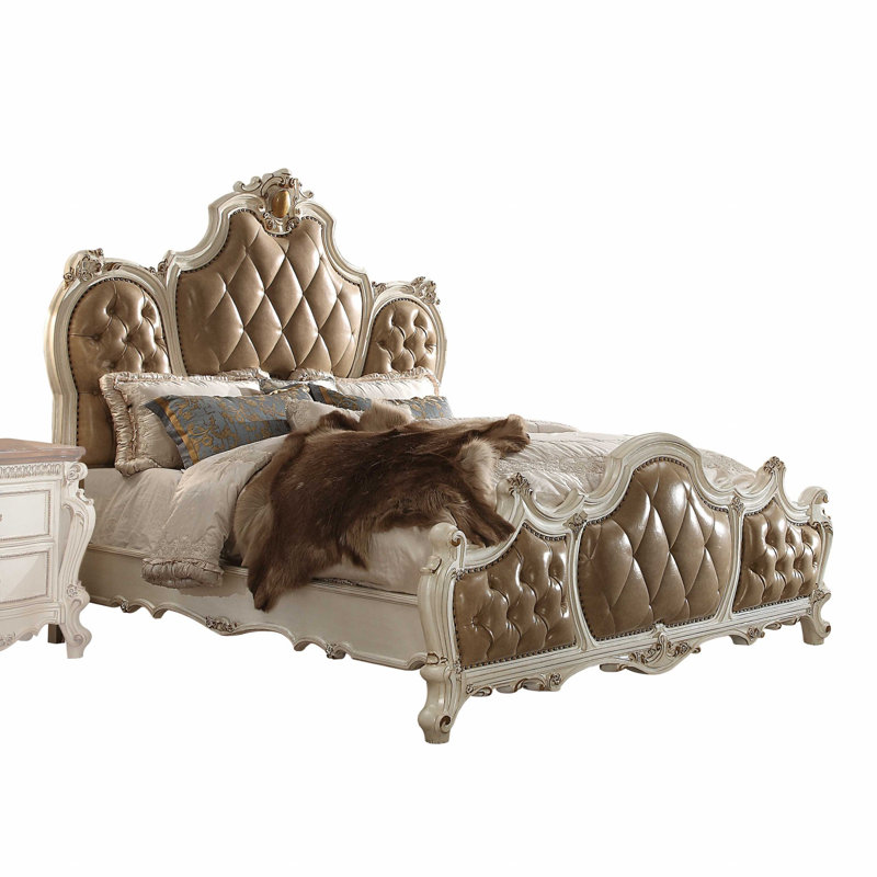 Queen Wood Frame Upholstered Bed with Tufted Headboard and Nailhead Trim