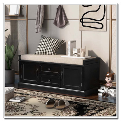 Storage Bench with 2 Drawers and 2 Cabinets, Shoe Bench with Removable Cushion for Living Room, Entryway