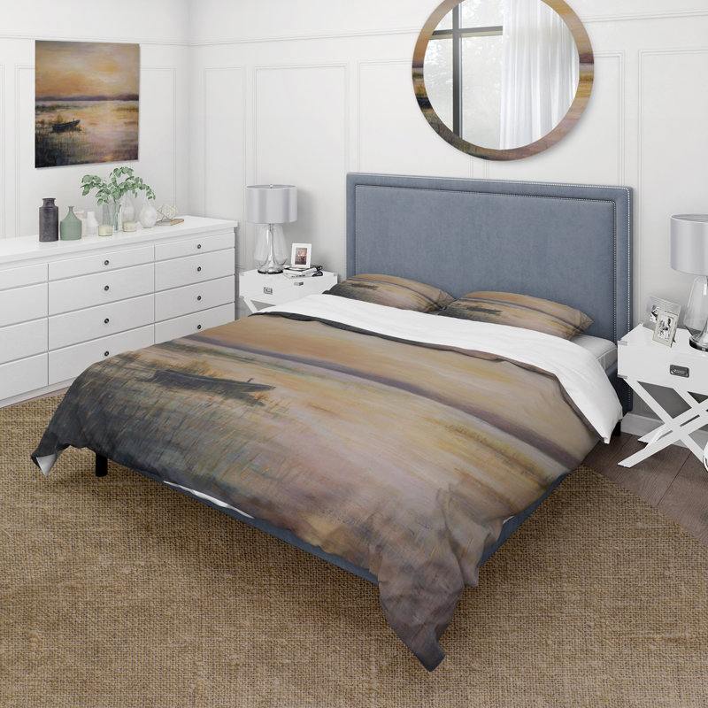 Pastel Sunset Over The Lake - Ensemble de housse de couette nautique et côtier - Polyester en microfibre