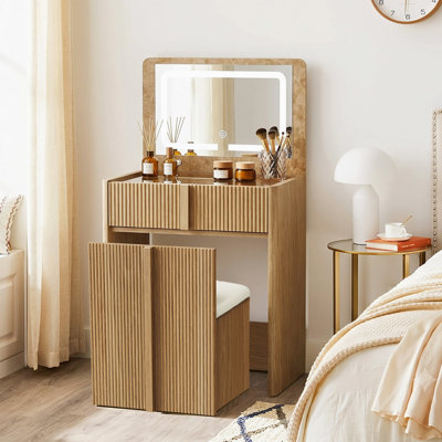 Wood Makeup Vanity Set with Flip Top Mirror & 3 Adjustable Lighting Modes