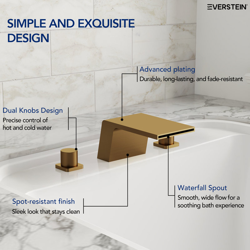 3-Hole Deck Mount Waterfall Roman Tub Faucet, Gold