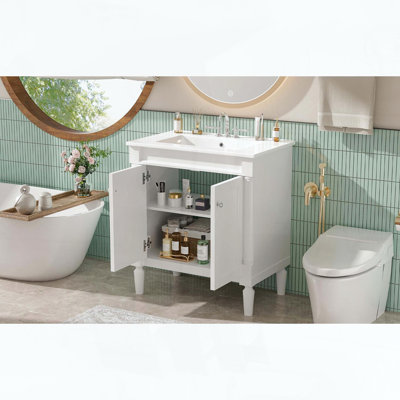 Meuble-lavabo avec lavabo en céramique, deux portes à fermeture douce, pieds en bois massif et tablette réglable, blanc