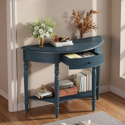 Farmhouse Half Moon Console Table With One Drawer & Storage Shelf