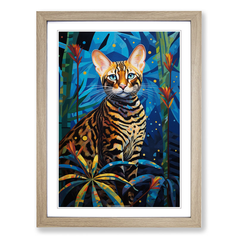 Bengal Cat Art Deco - Single Picture Frame Print on Wood, Oak Framed, 64cm H x 46cm W x 2cm D