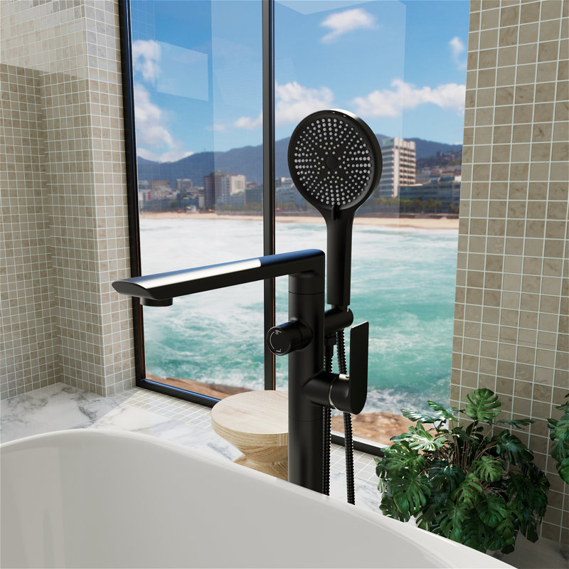Robinet de baignoire autoportant à poignée simple avec douche à main et douche à main