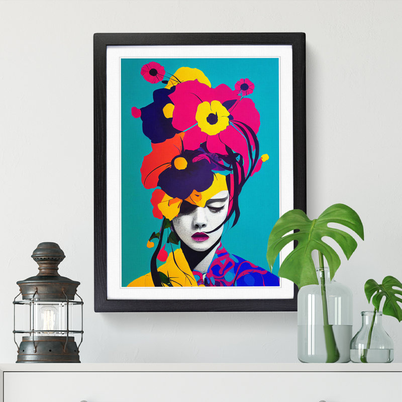 FRM-V0523-835X Floral Woman Pop - Single Picture Frame Print, 64cm H x 46cm W x 2cm D, Black Framed