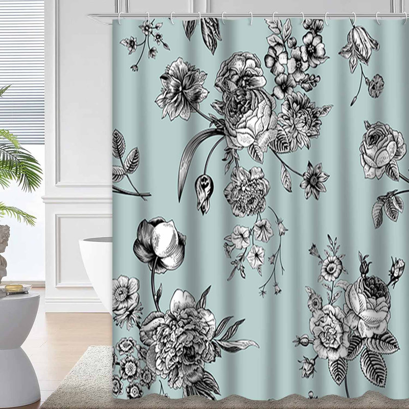 Rideau de douche imperméable à motif floral noir et blanc avec 12 crochets, L 72 po x l 84 po