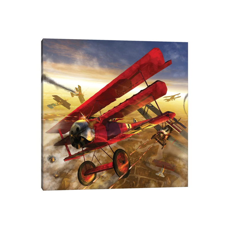 German Triple Wing Biplane The Red Baron, WWI Western Front Air Assault by Kurt Miller - Wrapped Canvas Print
