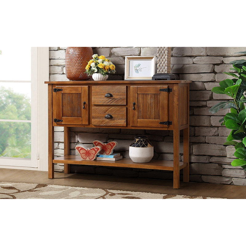 Console rétro 48 po en bois massif, 2 tiroirs et armoires, facile à assembler - table en bois brun, 48 po, utilisation polyvalente, pour la maison