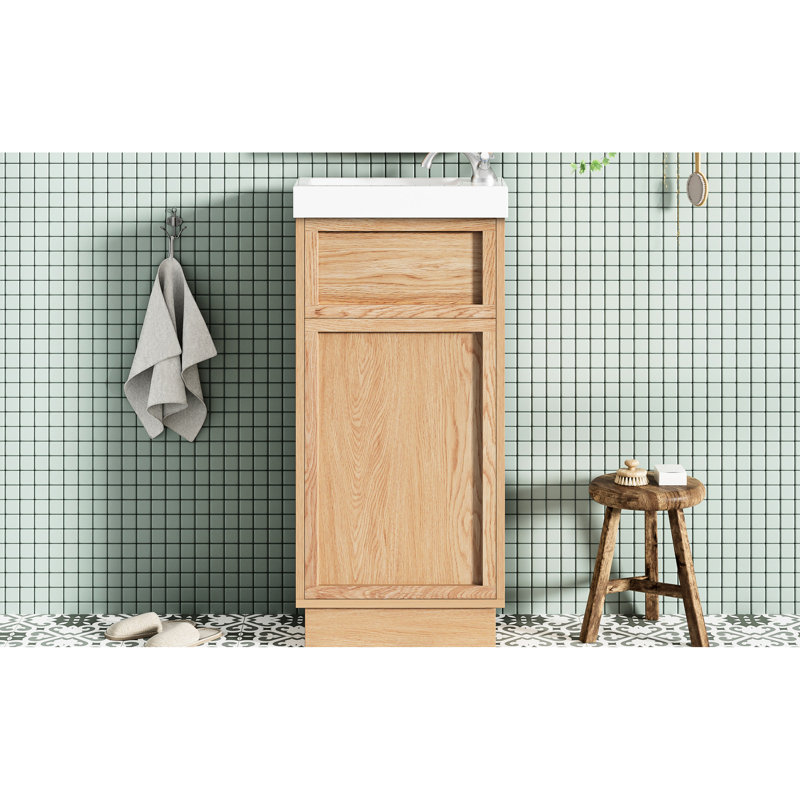 Meuble-lavabo rustique de 15,68 po avec lavabo réversible en résine, tablette réglable, porte à ouverture facile, fermeture en douceur, finition grain de bois