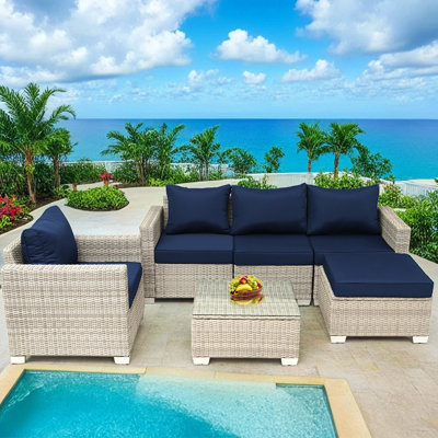 6 Pcs Wicker Patio Furniture Set, Outdoor Rattan Sofa Set With Coffee Table & Ottomans Soft Cushions For Backyard Garden Poolside Balcony