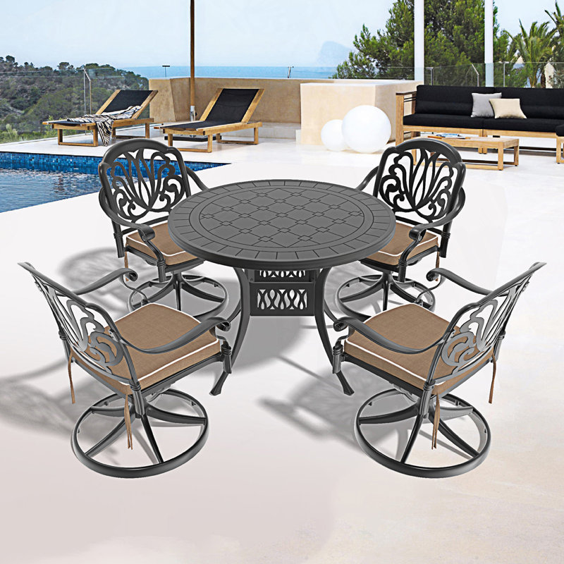 5-Piece All-Weather Cast Aluminum Dining Set, Include 4 Swivel Chairs And 39.37" Round Table, 5 Pieces: Table, 4 Chairs