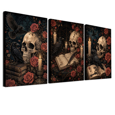 Art mural de crânes gothiques avec corneilles noires et rouge d'Halloween, ensemble de 3 toiles