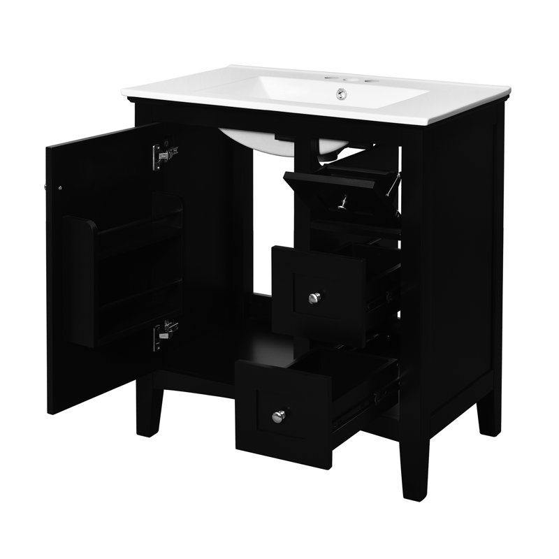 Meuble-lavabo 30 po en céramique - meuble-lavabo à vin 3 pièces noir moderne avec teinture, Noir