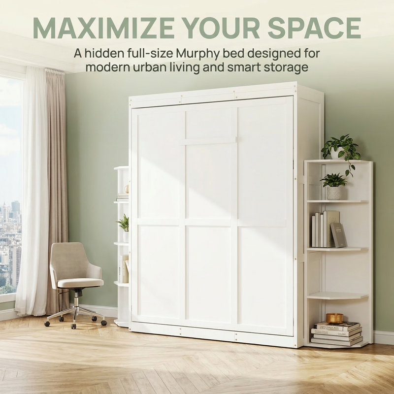 Rotating Queen Murphy Bed Combo with Hidden Wall Cabinet, Convertible Desk & Storage Shelves - Space-Saving Multifunctional Solution for Home Office & Small Rooms (White)