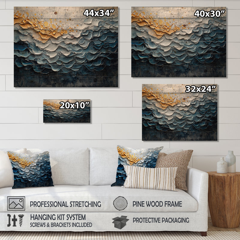 Mosaic Of Waves Coastal Horizon II - Coastal Wood Wall Decor - On Natural Pine Wood, 30" H x 40" W