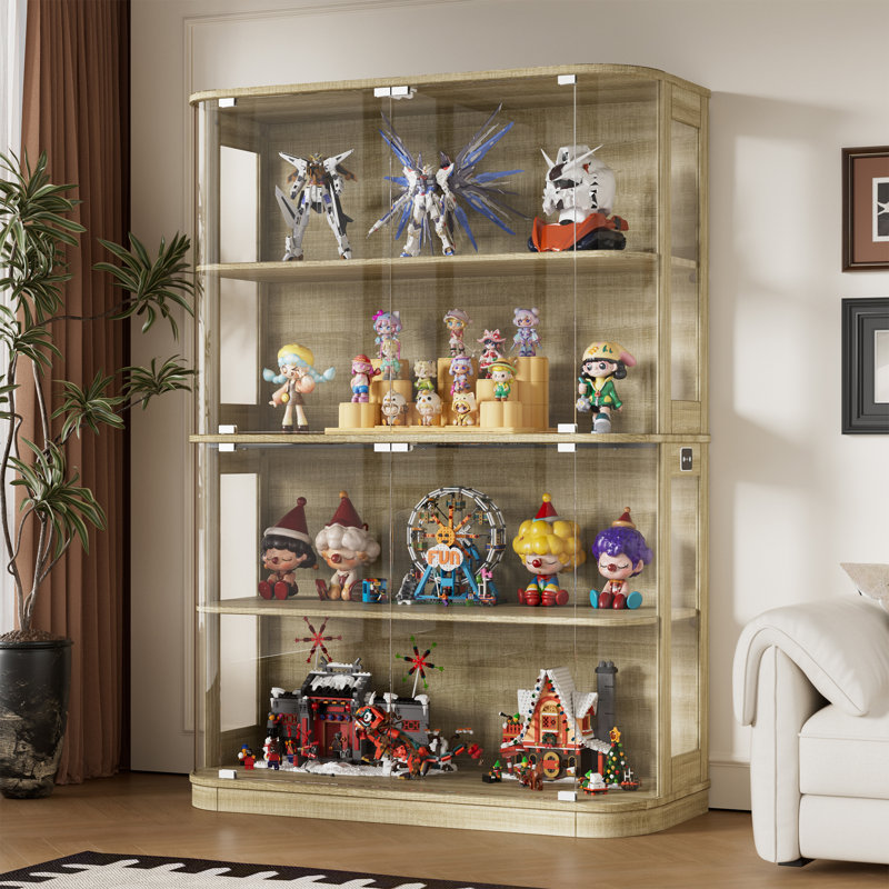 Large Rounded Display Cabinet With Glass Doors, 4-tier Curio Cabinet Storage Case With Led Lights & Press-to-open Doors