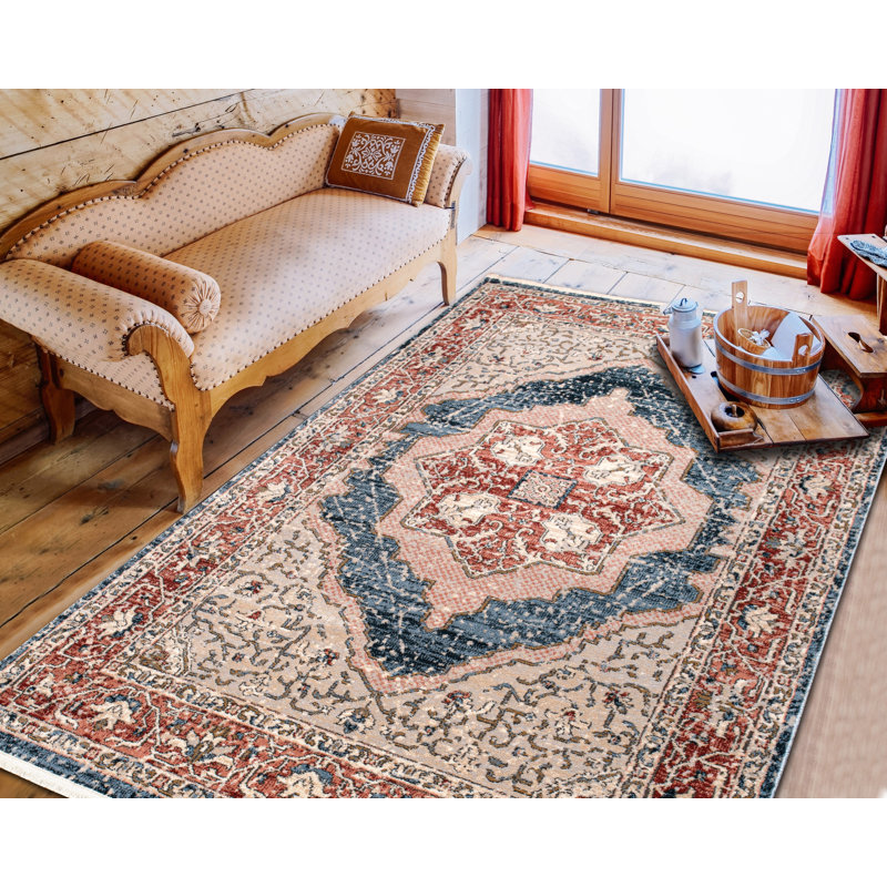 Tapis oriental en polypropylène / jute tissé à la machine Georgete - rouge / bleu / beige, Rectangle 6 pi 7 po x 9 pi 6 po