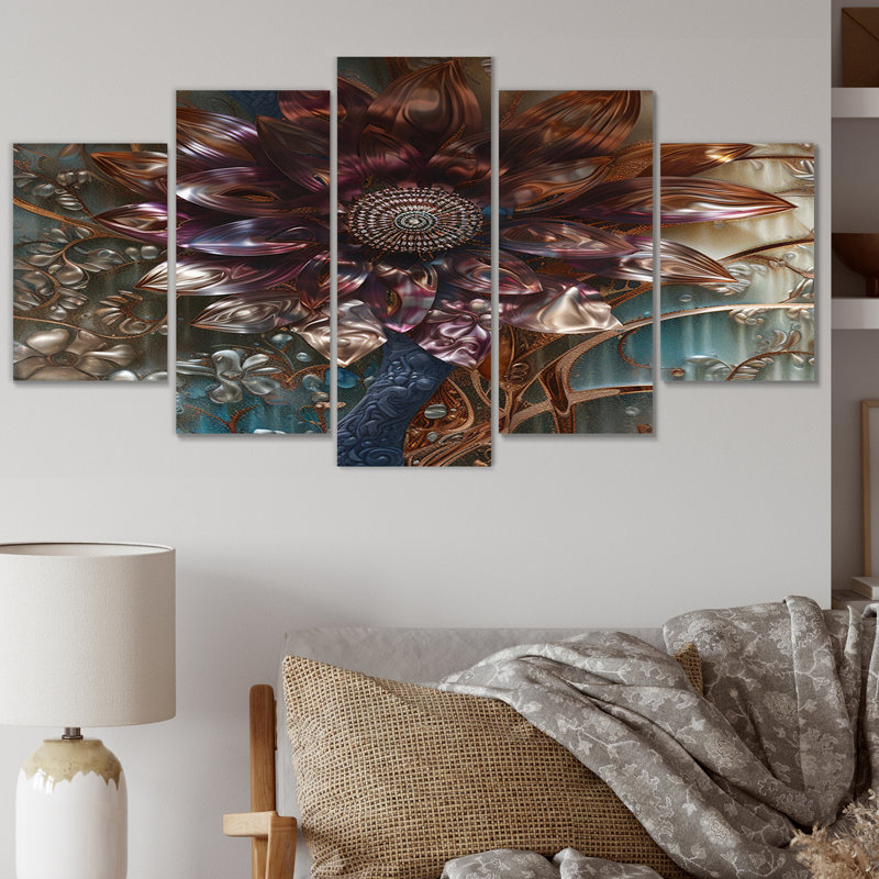 Mystérieuse fleur de dahlia rétro sur turquoise II - Dahlia Wall Art Living Room - 5 panneaux