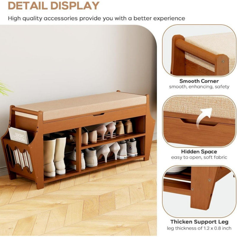 39.4In Shoe Bench With 2 Side Holder, 3 Tier Bamboo Entryway Bench With Storage, Shoe Rack Bench Organizer With Cushion For Entryway Hallway Living Room, Holds Up To 330Lbs