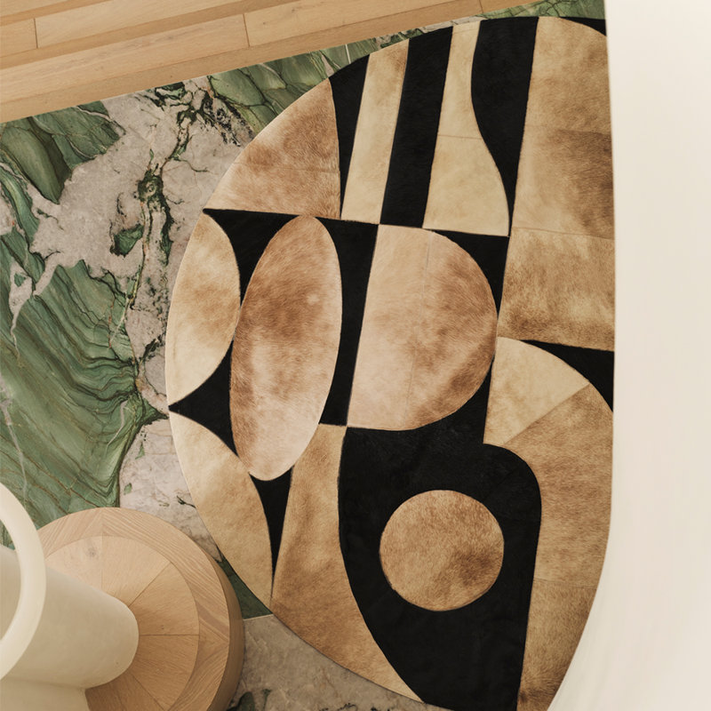 Art Hide X Greg Natale Cowhide Block Print Area Rug, Round 8’2"