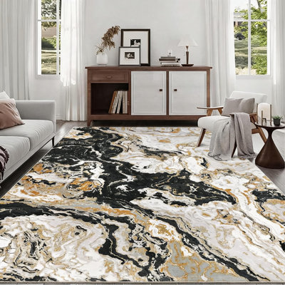 Tapis noir 152 x 213 cm, tapis décoratif abstrait effet marbre, tapis doux et luxueux pour les zones de passage fréquent, tapis lavable pour salon, tapis antidérapant pour la cuisine et la décoration intérieure.