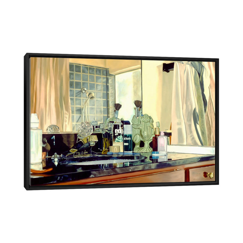 «Bathroom Frogs», reproduction d'art sur toile, H 18 po x l 26 po x P 1,5 po, Toile avec cadre noir, Pas de tapis