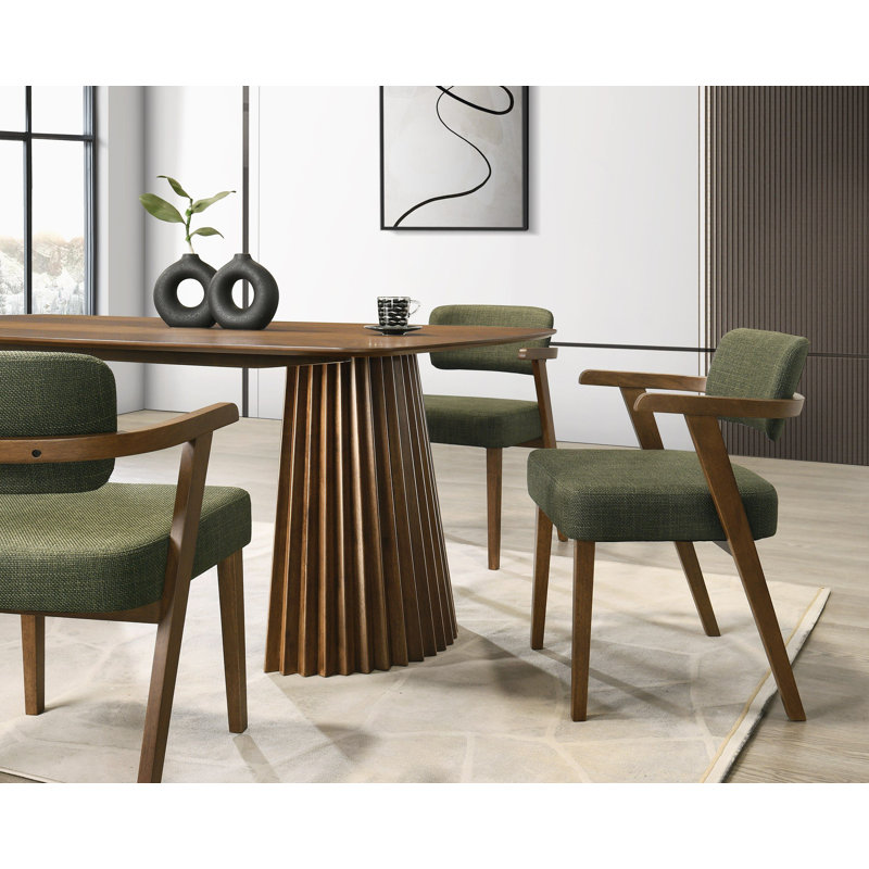 Weybridge - Mid-century Modern Green Fabric + Herringbone Walnut Dining Set