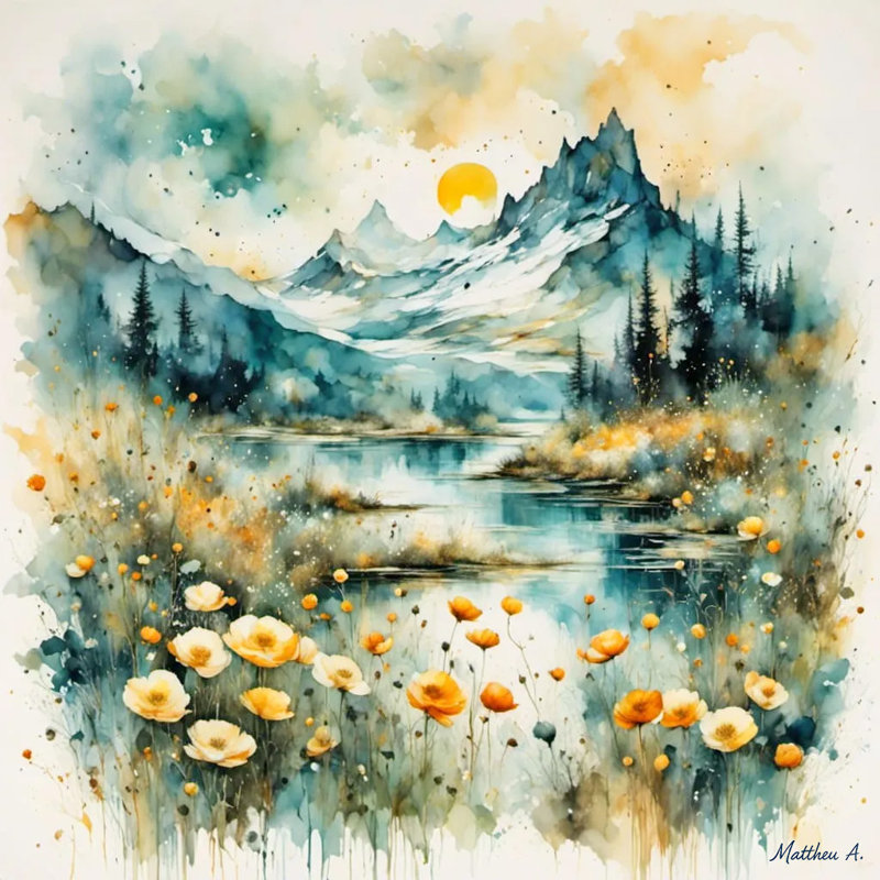 Golden Peaks and Meadow Blooms - Art mural sur toile tendue, H 30 po x l 30 po