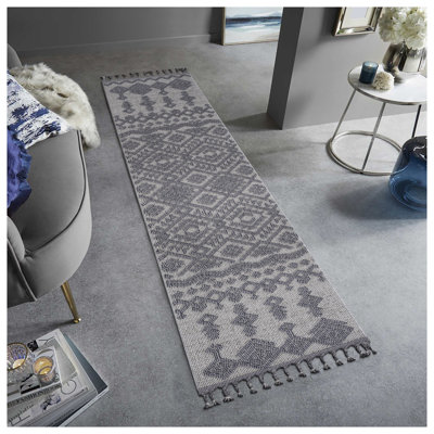 Tapis de couloir traditionnel intérieur / extérieur 2 x 8 Guros - blanc tissé à la machine pour vestibule, entrée et patio