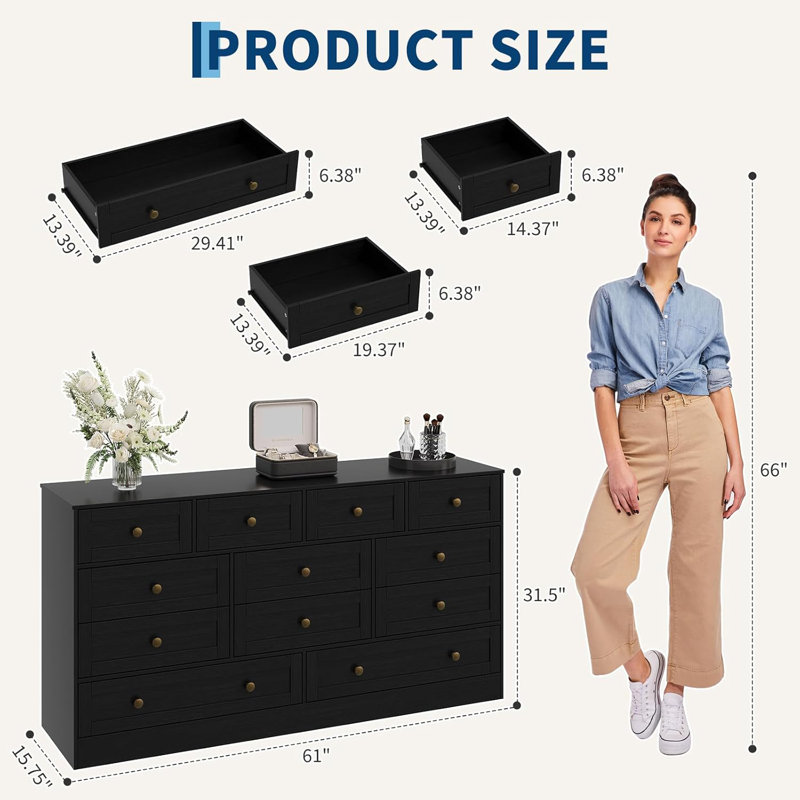 154.9cm W 12 - Drawer Chest of Drawers, Black