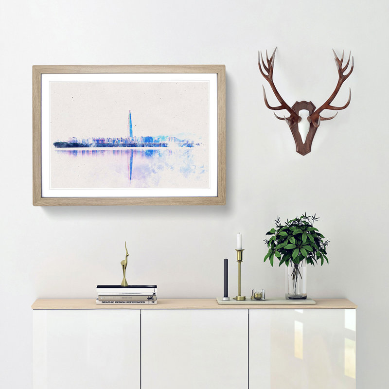 Seoul Skyline in South Korea - Picture Frame Painting Print, 45cm H x 63cm W x 2cm D, Oak Framed