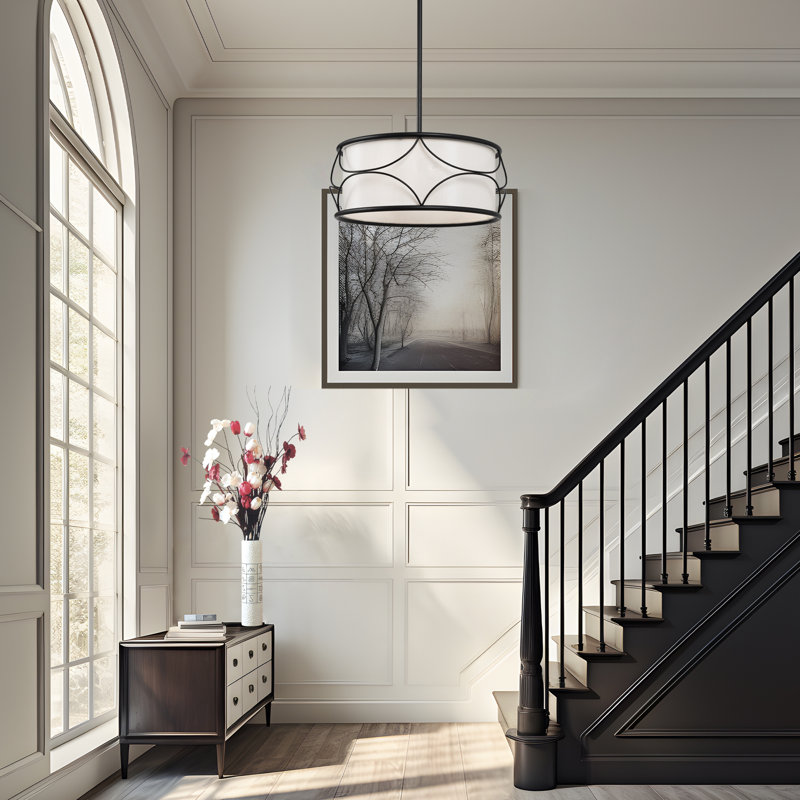 3-Light Modern Black Fabric Drum Pendant Light