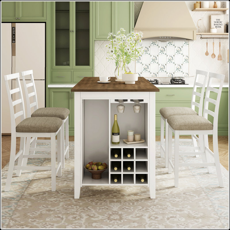 5-Piece Multi-Functional Rubber Wood Counter Height Dining Set with Padded Chairs, Brown, White/Brown, White