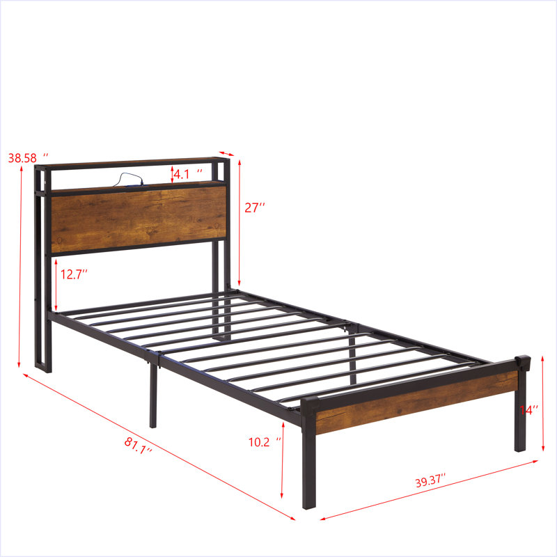 Twin Size Metal Platform Bed Frame With Wooden Headboard And Footboard With USB LINER, LED Lights ,No Box Spring Needed, Large Under Bed Storage