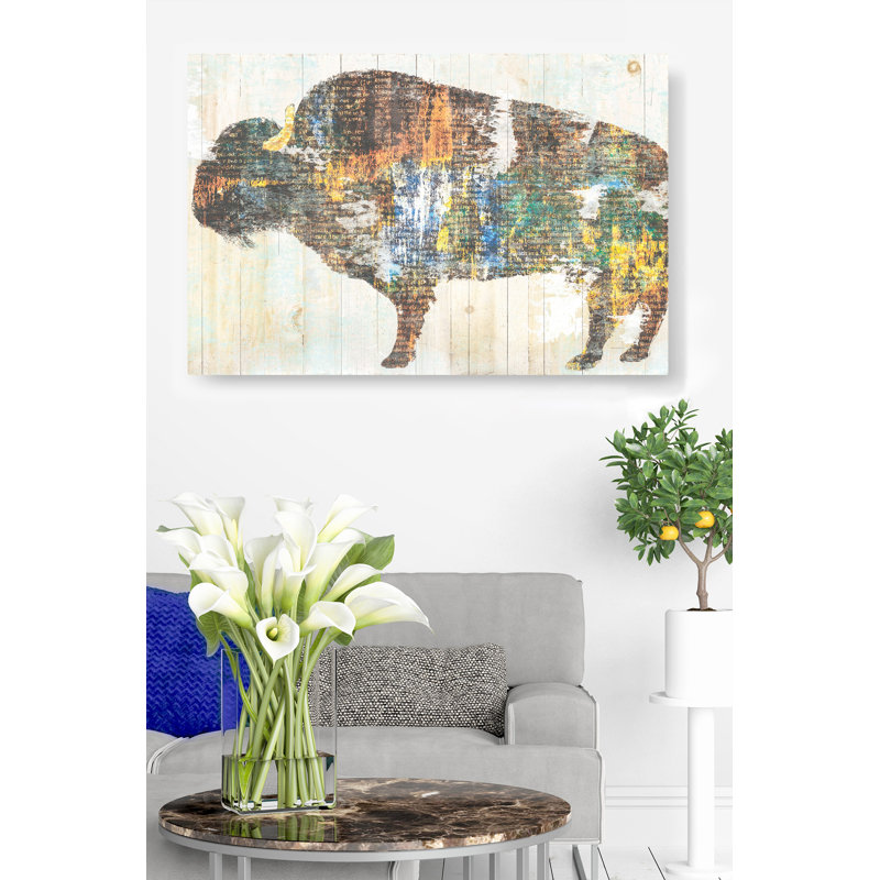 C-00210-Buffalo, Text Inlay, On Wood Panel, On Cream, Tan, Brown, Western, Desert, Modern, 26" H x 50" W x 1.5" D