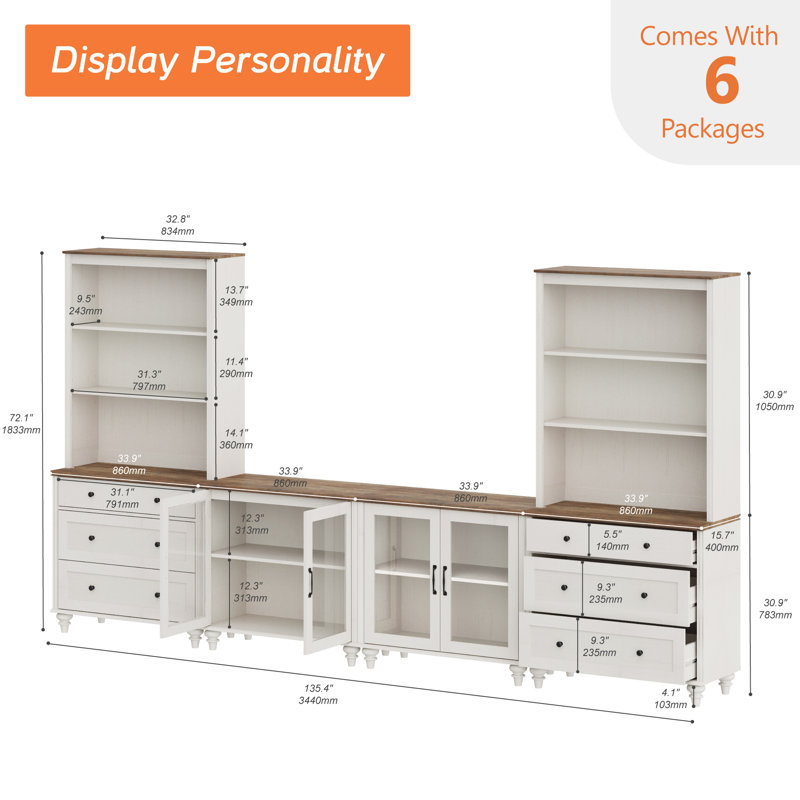 Entertainment Center With Bookshelves With Glass Doors & Drawer, Farmhouse Wall Unit TV Stand For Tvs, Bedroom & Home Theater