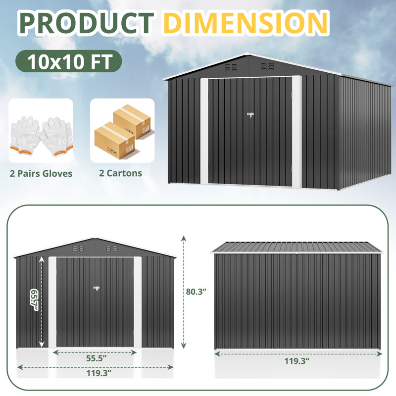 Outdoor Metal Storage Shed with Updated Frame Structure and Lockable Doors, 80.3" H x 119.3" W x 119.3" D