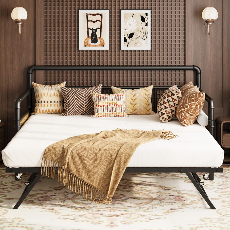 Daybed With Trundle,Twin Daybed With Pop Up Trundle Set,Metal Twin Bed Frame With Steel Slat Support, Black